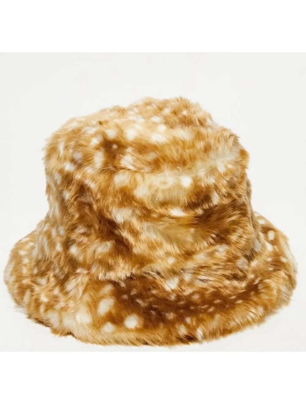 Fluffy Faux Fur Bucket Hat in Spotted Tan